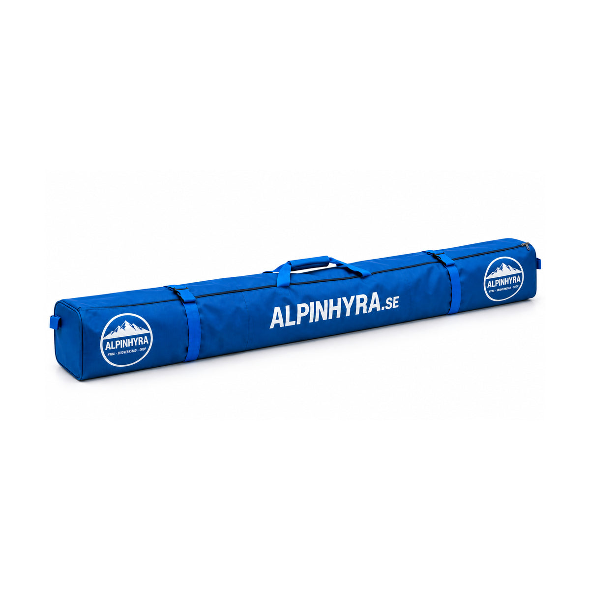 Alpinhyra skidfodral – blått med bärhandtag, dragkedja och vita logotyper