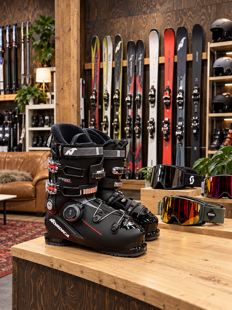 Skidutrustning och pjäxor i Alpinhyras butik.