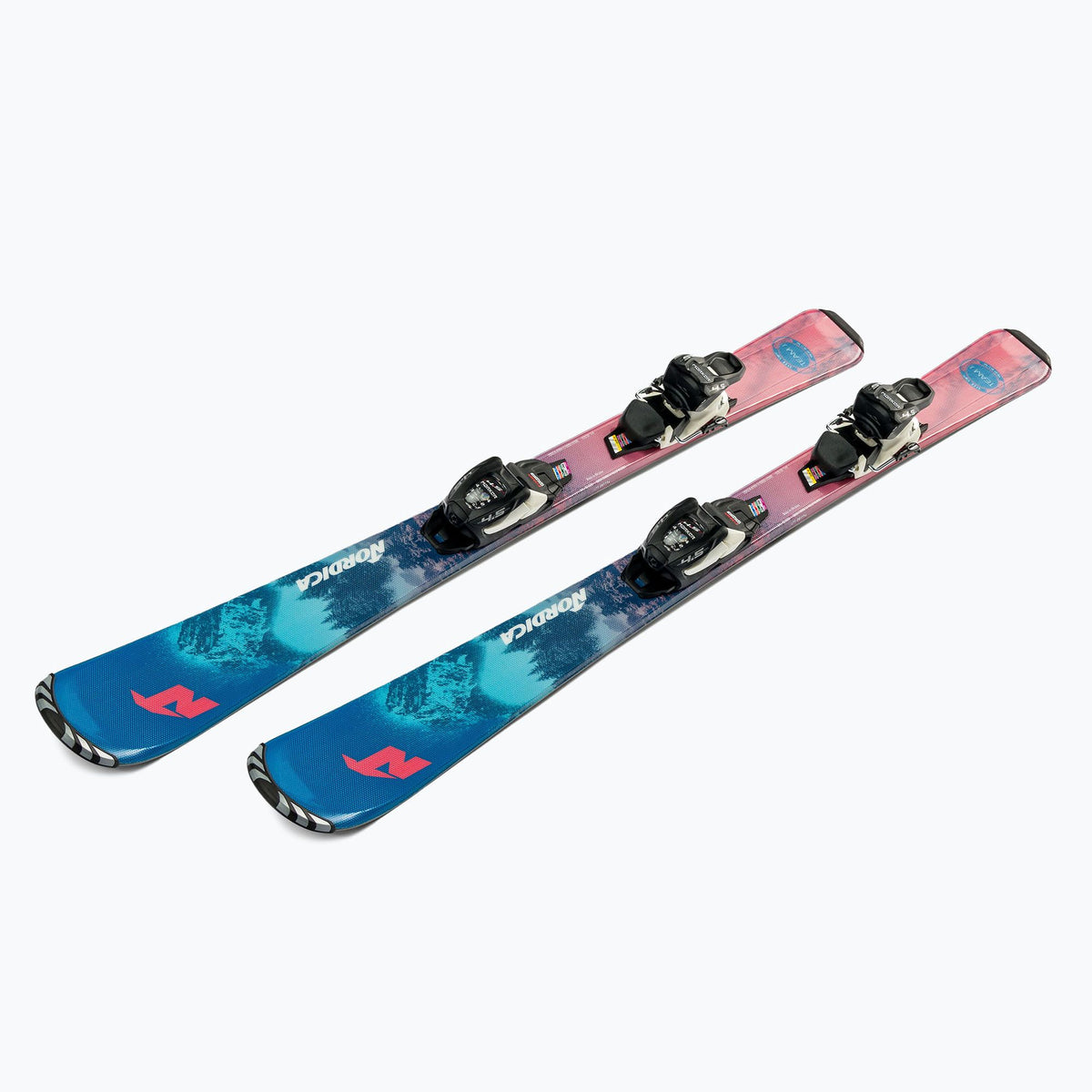 Nordica Team J FDT Blue/White med Marker 4.5 – bindningsdetalj och ovansida, representativ modellbild